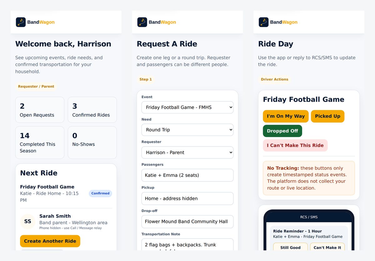 Parent, ride request and driver screens