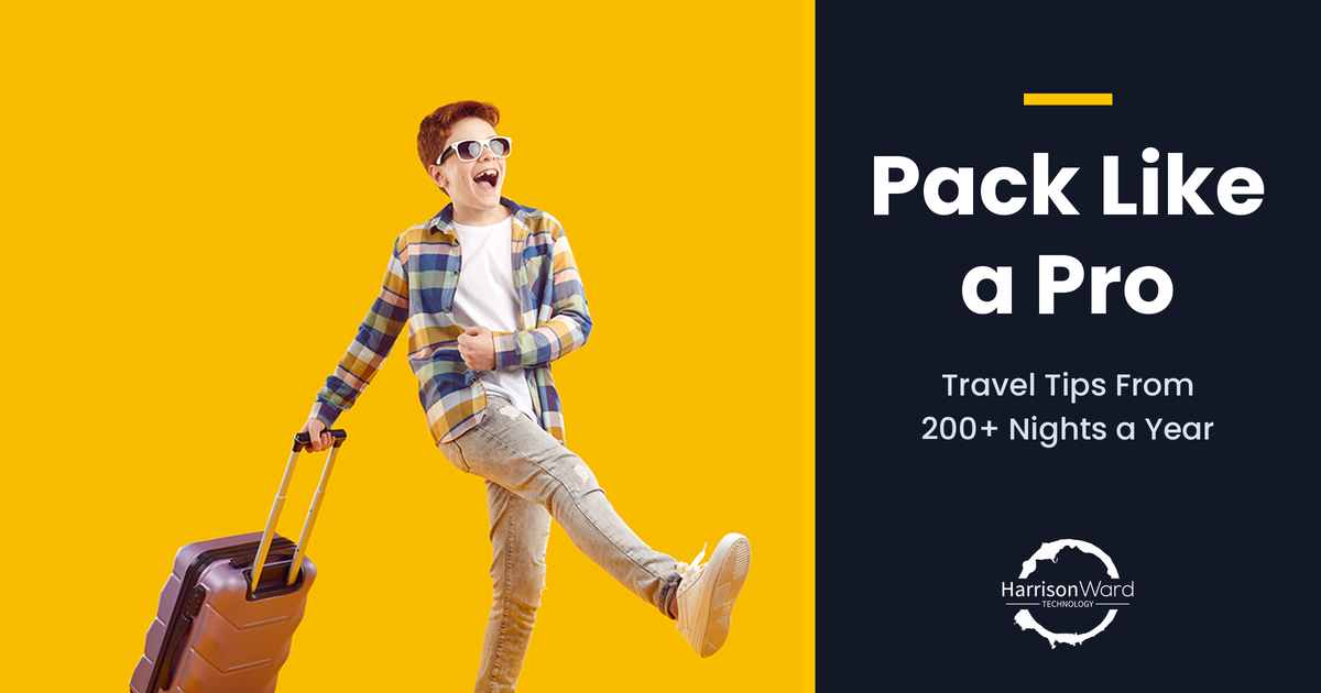 Pack Like a Pro: Travel Tips From 200+ Nights a Year, with a boy pulling a suitcase on a yellow background